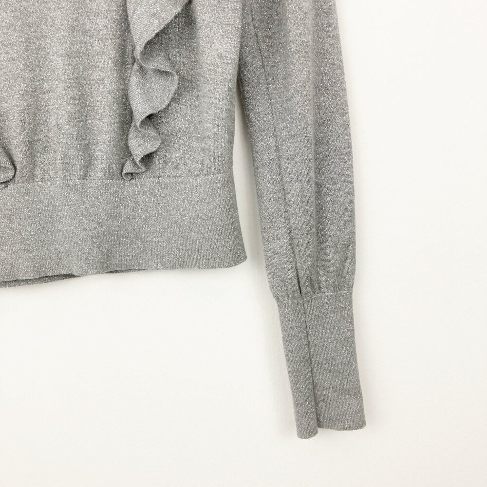 Veronica Beard Centre Ruffle Crewneck Metallic-knit Sweater Size S Gray Sparkle - Picture 6 of 10